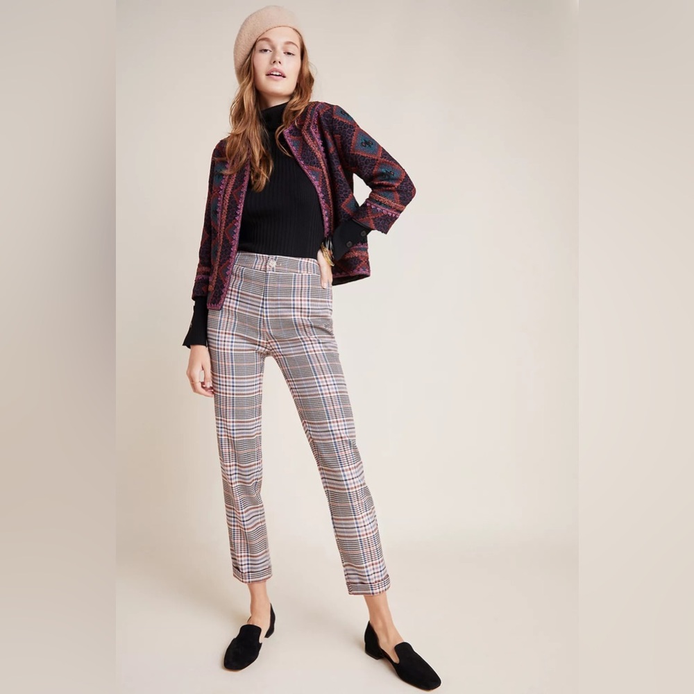 Anthropologie Plaid Cropped Trousers in Beige, Brown, Black